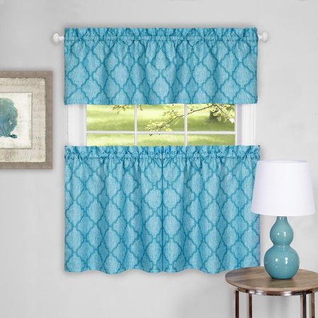 EYECATCHER 58 x 36 in. Colby Window Curtain Tier Pair & Valance Set, Turquoise EY2511716